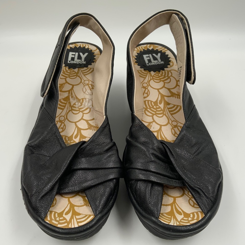 Fly London Yuna Black Leather Twist Wedge Sandals P500124020 Size 37